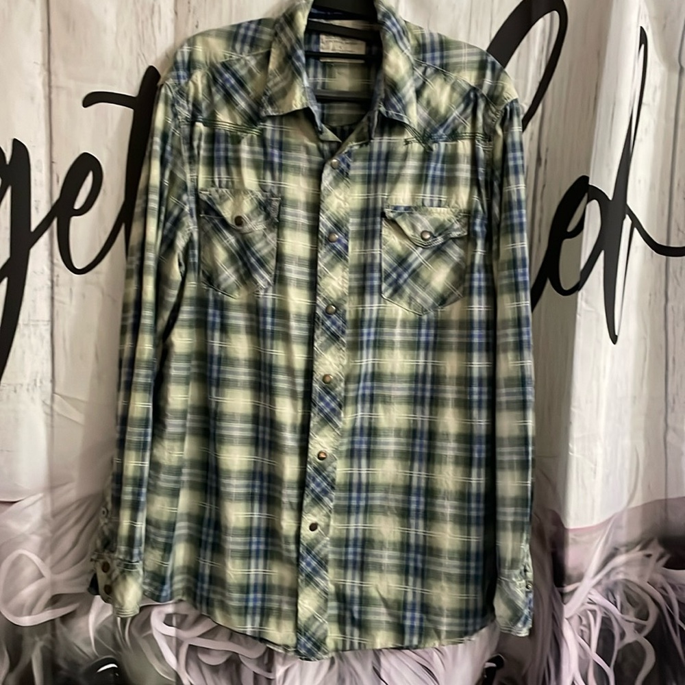 Madison Vintage Wash Green Blue Plaid Shirt L